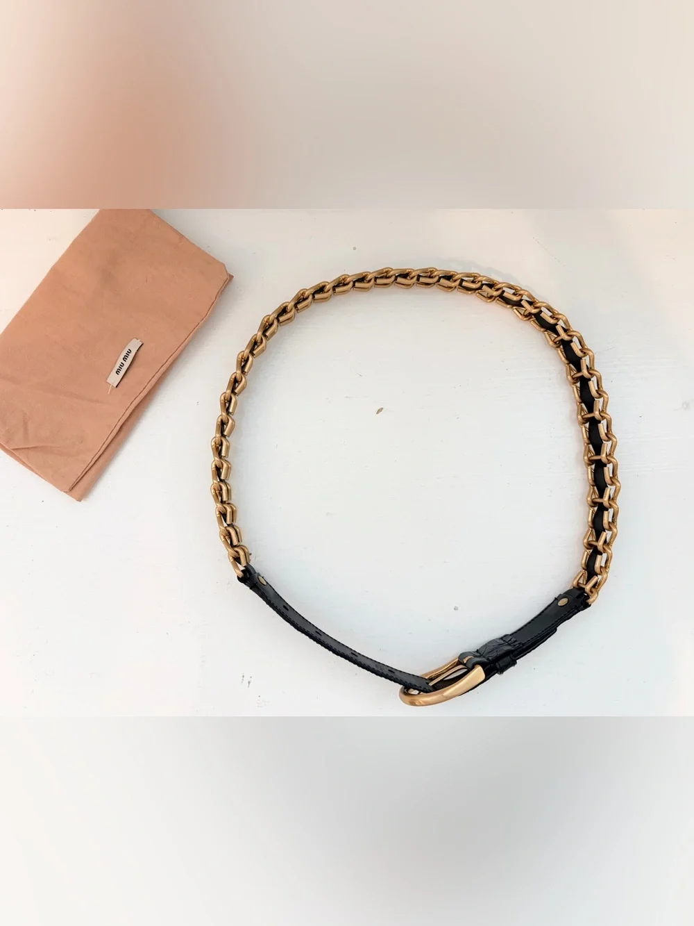 Auth MIU MIU Black Leather Gold-Tone Chain Link Belt, Size 75 / 30